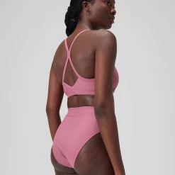 Bas de bikini taille haute uni Femme Rose