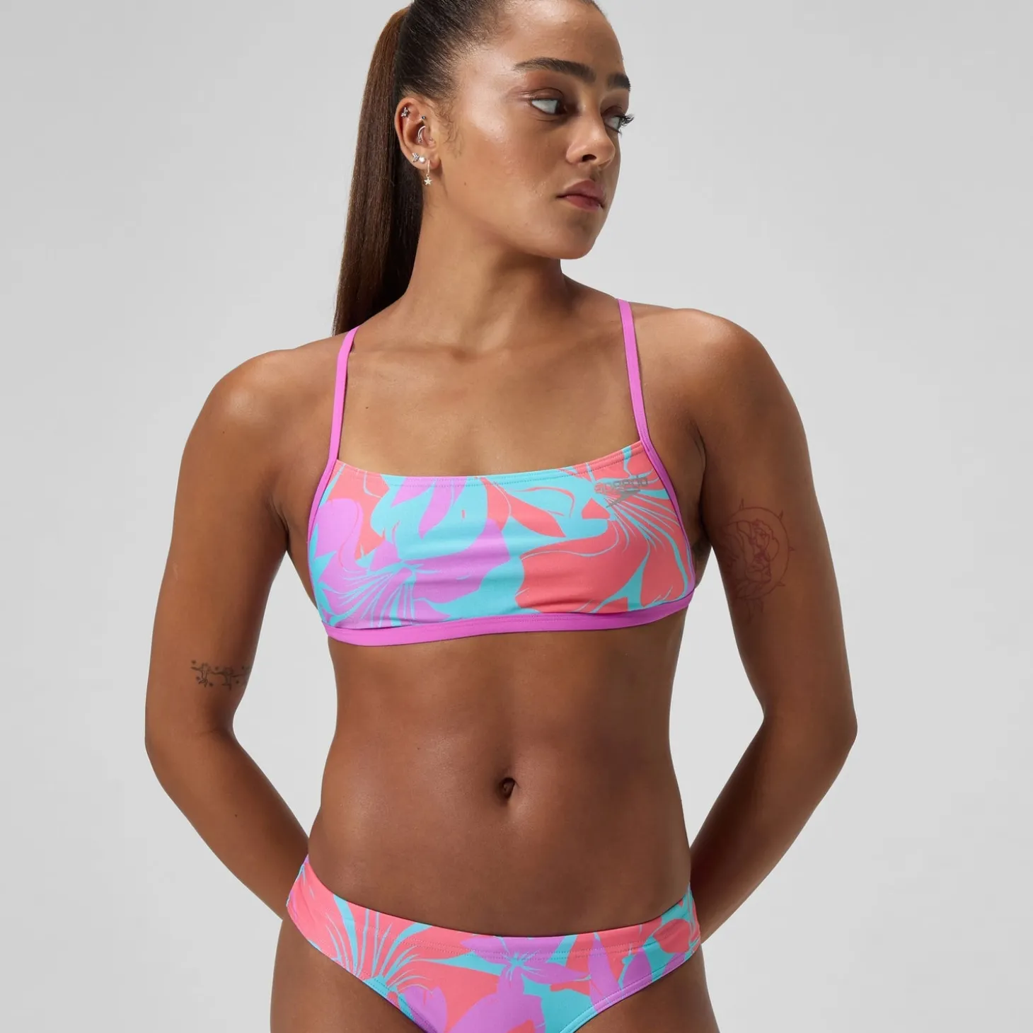 Haut de bikini Femme Club Training Cross Back imprimé rose/vert