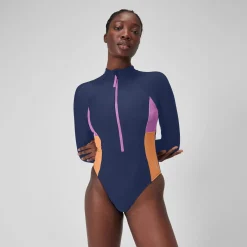 L/S 1 pièce color-block zippé pour Femmes Bleu céruléen