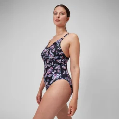 Maillot de bain 1 pièce galbant à bretelles et imprimé pour Femmes Noir/Violet