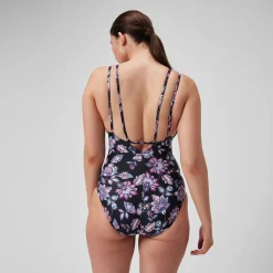 Maillot de bain 1 pièce galbant à bretelles et imprimé pour Femmes Noir/Violet