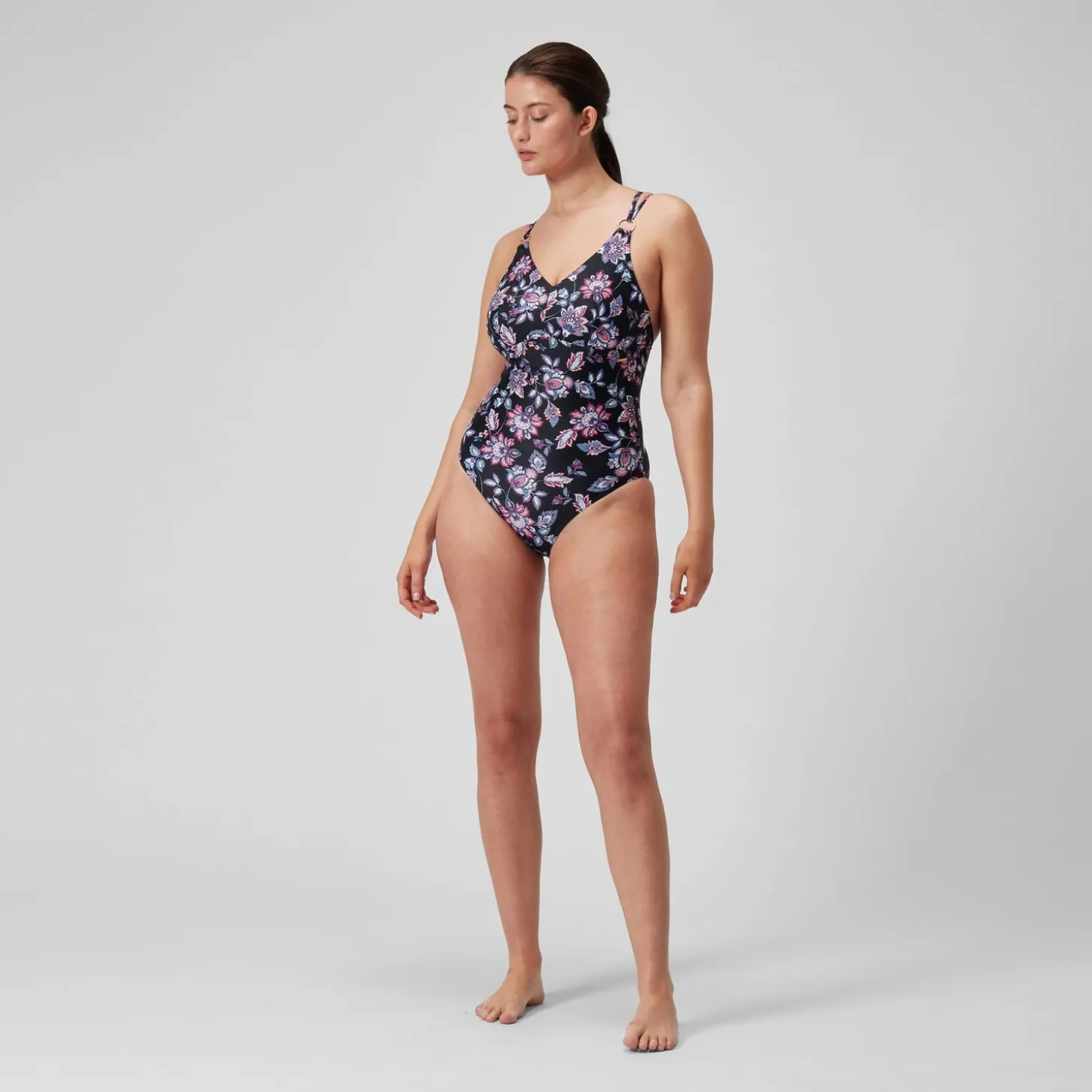 Maillot de bain 1 pièce galbant à bretelles et imprimé pour Femmes Noir/Violet