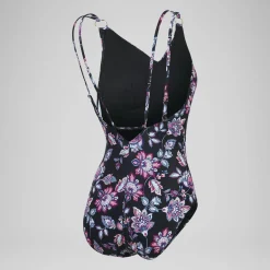 Maillot de bain 1 pièce galbant à bretelles et imprimé pour Femmes Noir/Violet