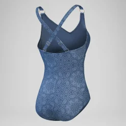 Maillot de bain 1 pièce Shaping avec encolure en V et imprimé pour Femmes Bleu épicéa/Bleu délavé