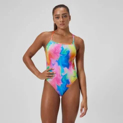 Maillot de bain Femme Club Training dos en V et imprimé rose/jaune