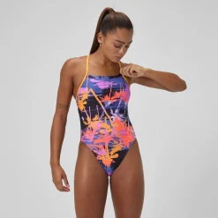 Maillot de bain Femme Club Training Lattice Tie Back imprimé bleu marine/orange