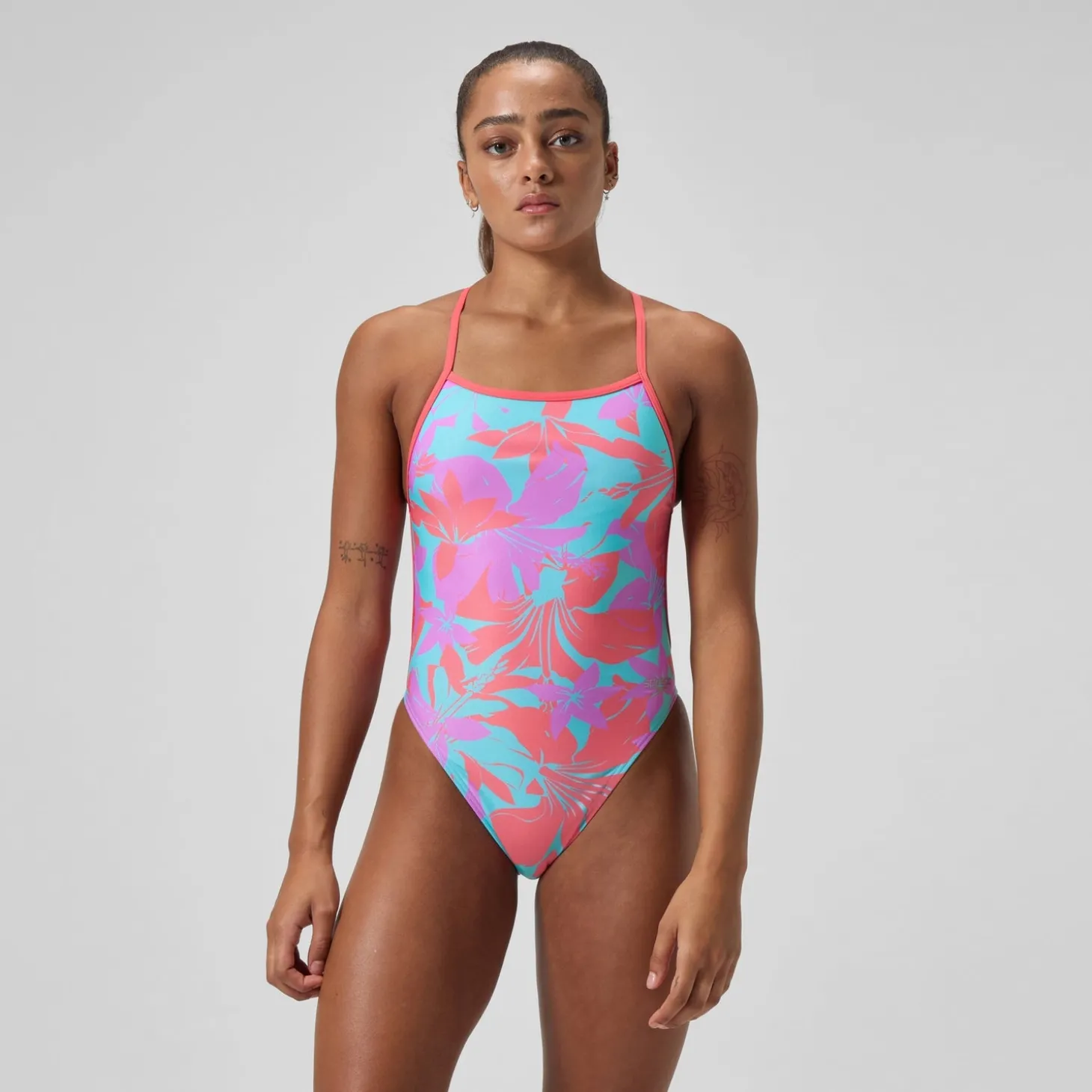Maillot de bain Femme Club Training dos en V et imprimé rose/vert