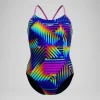 Maillot de bain Femme Club Training Fixed Crossback imprimé bleu marine/vert