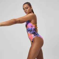 Maillot de bain Femme Club Training Lattice Tie Back imprimé bleu marine/orange
