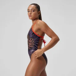 Maillot de bain Femme Club Training Tie Back imprimé noir/rouge