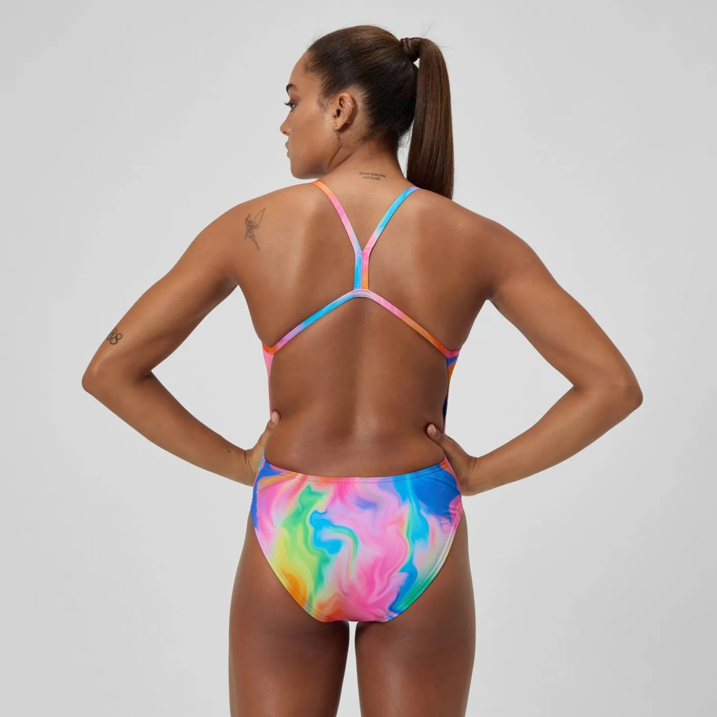 Maillot de bain Femme Club Training dos en V et imprimé rose/jaune