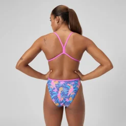 Maillot de bain Femme Club Training dos en V et imprimé bleu/rose