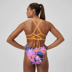 Maillot de bain Femme Club Training Lattice Tie Back imprimé bleu marine/orange