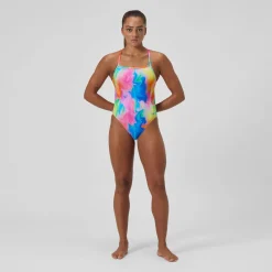 Maillot de bain Femme Club Training dos en V et imprimé rose/jaune