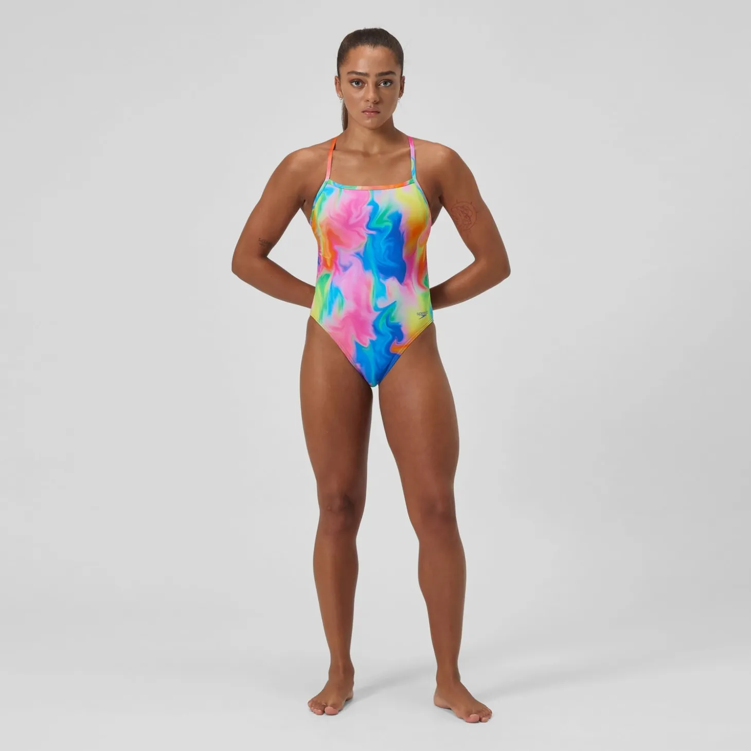 Maillot de bain Femme Club Training dos en V et imprimé rose/jaune