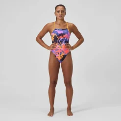 Maillot de bain Femme Club Training Lattice Tie Back imprimé bleu marine/orange