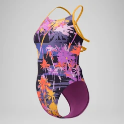 Maillot de bain Femme Club Training Lattice Tie Back imprimé bleu marine/orange