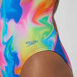 Maillot de bain Femme Club Training dos en V et imprimé rose/jaune