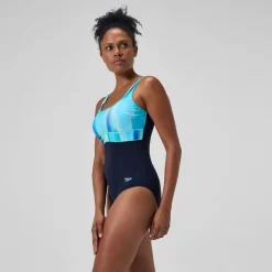 Maillot de bain Femme effet galbant imprimé Contour Eclipse bleu marine/vert