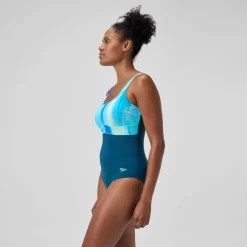 Maillot de bain Femme effet galbant imprimé Contour Eclipse sarcelle foncé/vert