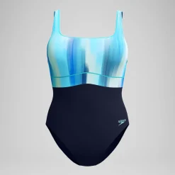 Maillot de bain Femme effet galbant imprimé Contour Eclipse bleu marine/vert