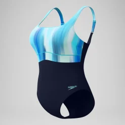 Maillot de bain Femme effet galbant imprimé Contour Eclipse bleu marine/vert