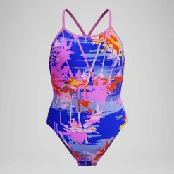 Maillot de bain Fille Club Training dos en V et imprimé bleu/rose