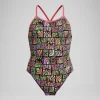 Maillot de bain Fille Club Training dos en V imprimé noir/corail