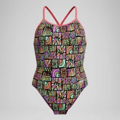 Maillot de bain Fille Club Training dos en V imprimé noir/corail