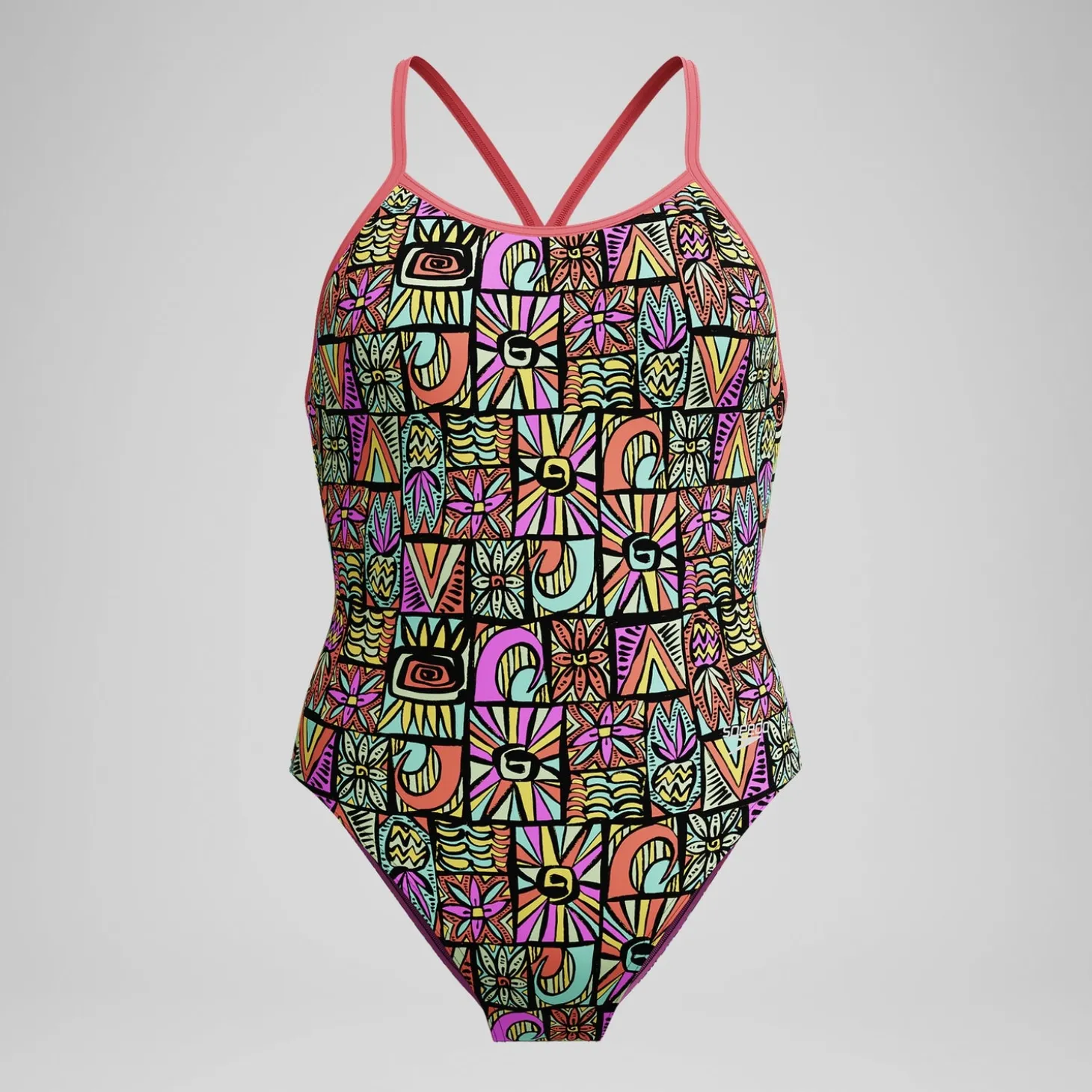 Maillot de bain Fille Club Training dos en V imprimé noir/corail