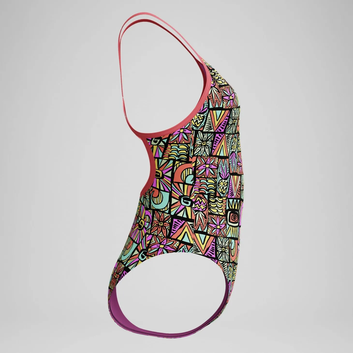 Maillot de bain Fille Club Training dos en V imprimé noir/corail