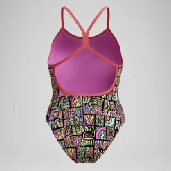 Maillot de bain Fille Club Training dos en V imprimé noir/corail