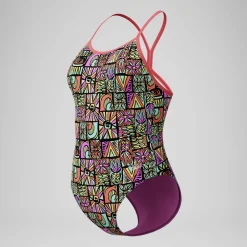 Maillot de bain Fille Club Training dos en V imprimé noir/corail