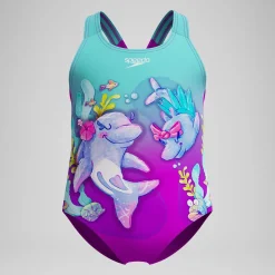Maillot de bain Fille imprimé numérique violet/turquoise