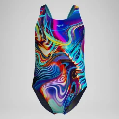 Maillot de bain Fille Powerback imprimé numérique bleu/violet