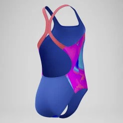 Maillot de bain Fille Powerback imprimé numérique rose/bleu