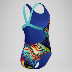 Maillot de bain Fille Powerback imprimé numérique bleu/violet