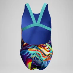 Maillot de bain Fille Powerback imprimé numérique bleu/violet