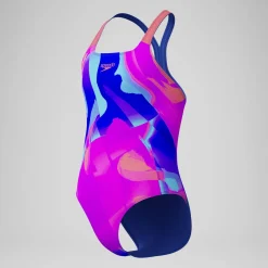 Maillot de bain Fille Powerback imprimé numérique rose/bleu