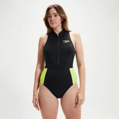 Maillot de bain thermique sans manches pour femmes Noir/Jaune