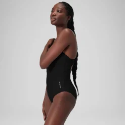 Maillot de bain uni dos nageur Femme Gris foncé