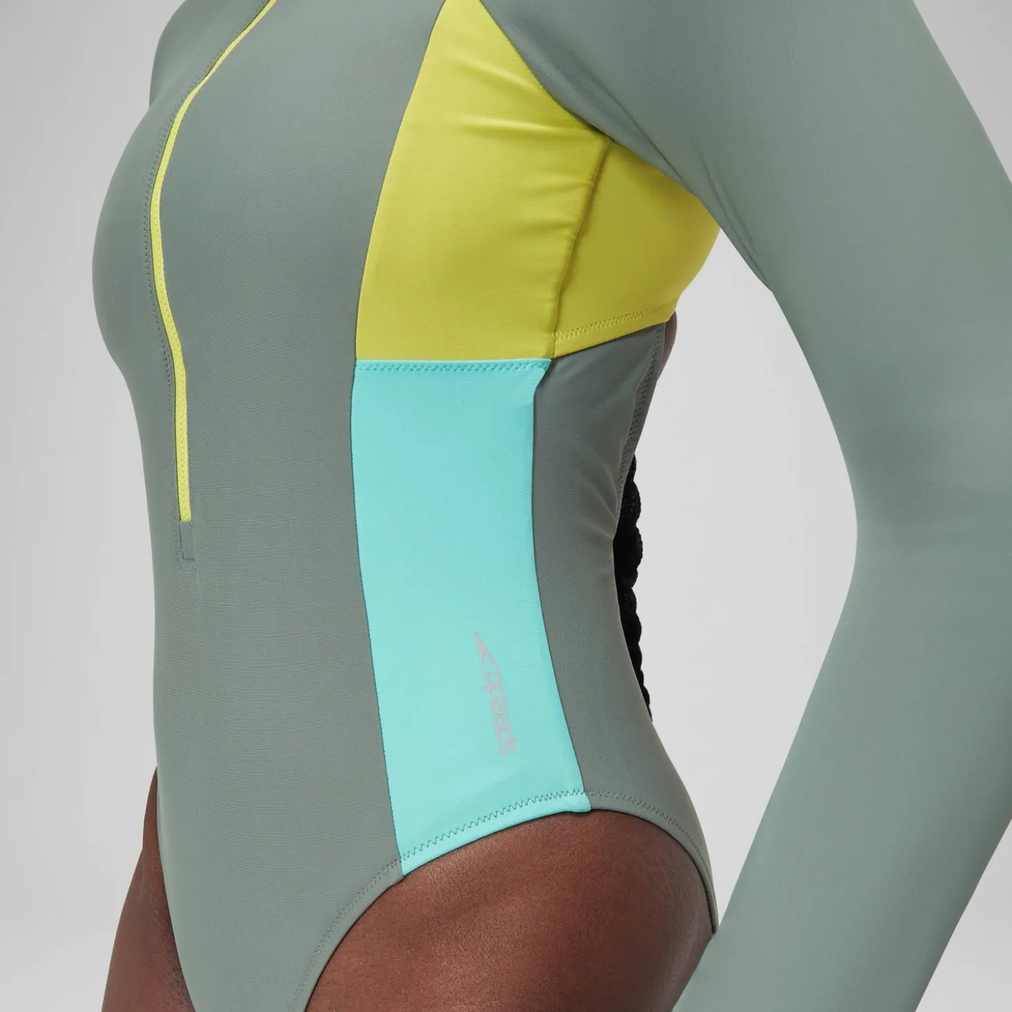 Maillot de bain zippé à manches longues Colorblock Femme vert