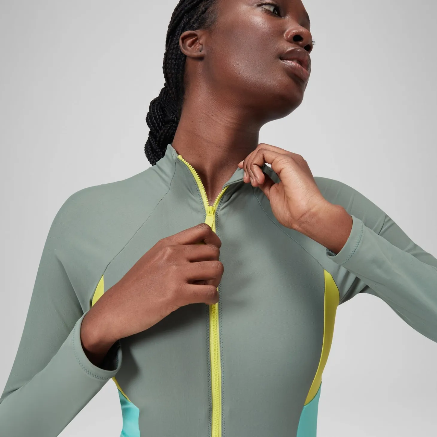 Maillot de bain zippé à manches longues Colorblock Femme vert